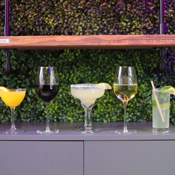 Five diverse cocktails and wine glasses are arranged on a bar against a green leafy wall.